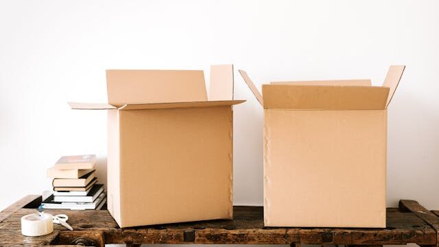 Cardboard boxes on a wooden table for organizing household items