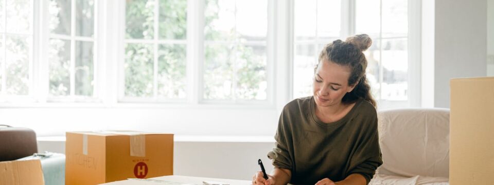 woman labeling boxes and looking for smart storage solutions for seasonal home transitions