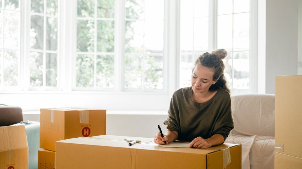 woman labeling boxes and looking for smart storage solutions for seasonal home transitions