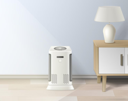 a portable air purifier kept in a living room