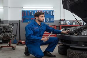 a professional mechanic repairing a car in a garage